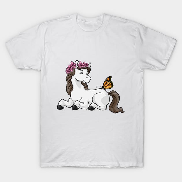 Horse with flower wreath and butterfly T-Shirt by Markus Schnabel